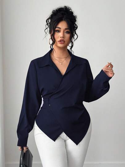 Elenzga Plus Size Women's Solid Color Asymmetric Hem Wrap Front Elegant Long Sleeve Blouse