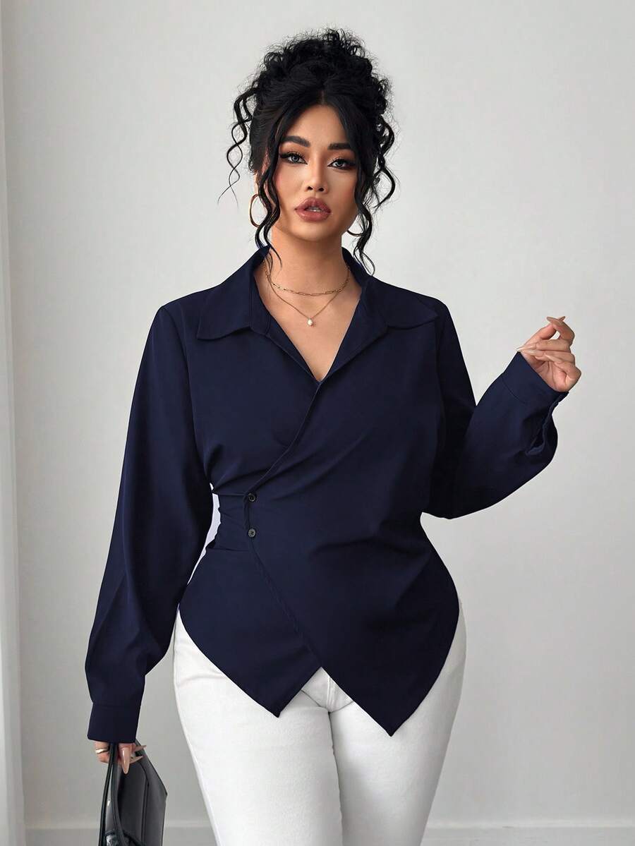 Elenzga 大码女式纯色不对称下摆裹身优雅长袖衬衫 - 藏蓝色 - 查看 1