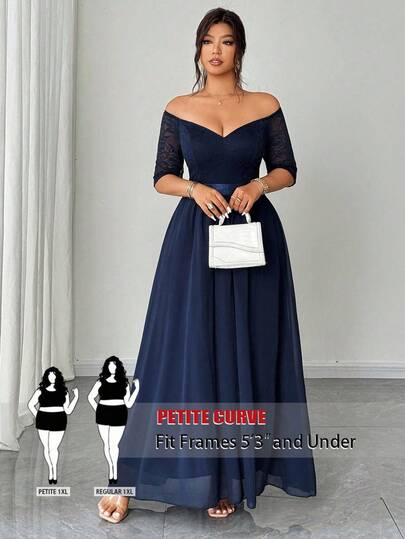 SHEIN PETITE CURVE Plus Size Women's Elegant Romantic Party Dress, Lace Patchwork Off-Shoulder Short Sleeve Waist Cinched Chiffon Flowing Maxi Dress, Autumn/Winter
