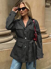 SHEIN Forever 21 Fall&Winter Women Black Blue Denim Jacket/Christmas/New Years/Holiday Party Women Jacket/Black Blue Jacket/Holiday/ New Years/Loose Jacket/Long Sleeve Jacket/New Years Eve/New Years/Christmas Party Women Denim/Holiday Women/Holiday/Christmas/Y2k /Loose/Collared/Retro/Party Wear/Blue Washed With Pockets/Street Style/Belt/Classy/Daily Wear/Casual Denim Jacket - Black - View 7