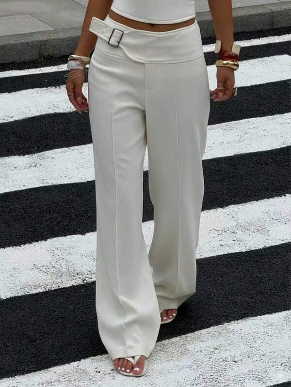 Muchica Pantalones anchos versátiles y casuales de unicolor con ojetes de metal para mujer