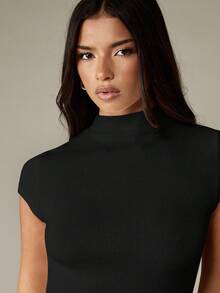 MISSGUIDED Ribbed Knit Crew Neck Mini Dress Bodycon Fitted Short Sleeve Fall Winter Casual - Black - View 5