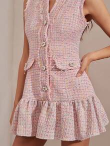 Romantic Pink Floral Tweed Dress With Tassels And Delicate Pearl Button Embellishments Is A Cute, Sleeveless Princess-Style Mini Dress Perfect For Autumn And Winter. Stylish And Elegant, It's Suitable For Parties, Dates, Holidays, Graduations, The Office, Outings, Halloween, Christmas, And Other Occasions. Also Suitable For Autumn Women's Wear, Autumn Outfits, Autumn Suits, Carnivals, And New Year's Women's Wear. - Pink - View 3