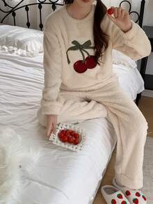 2 件套青少年女孩毛绒双面睡衣，可爱甜美印花和刺绣，舒适长袖上衣和裤子家居服套装，秋冬