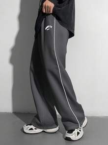 SHEIN 青少年男童宽松直筒裤，撞色黑色饰边，秋冬百搭，适合上学、居家、日常穿着、运动、生日派对、郊游，百搭、简约、复古 - 深灰色 - 查看 3