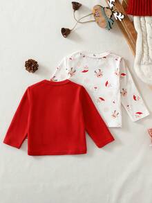 Cozy Pixies Newborn Baby Girl 2pcs/Set Floral Print Soft Knit Crew Neck Long Sleeve Pullover Top Lightweight Long Sleeve Tshirt For Baby Christmas Baby Clothes Baby Tops Baby Boy Full Sleeve Tshirts Baby Shirt Sets - Beige - View 2