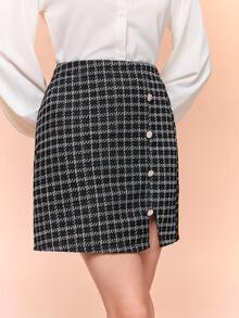 Teen Girl Plaid Print Faux Button Slit Skirt