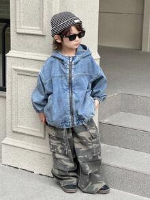 DAZY 幼儿男童宽松休闲连帽牛仔夹克和外套，街头酷炫风格，秋季 - 藍色 - 查看 7