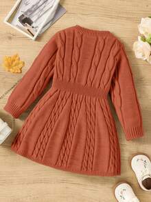 SHEIN Elladie kids 秋冬女童复古粗针织圆领腰A字蝴蝶装饰长袖毛衣裙，适合户外休闲穿着 - 棕色 - 查看 2