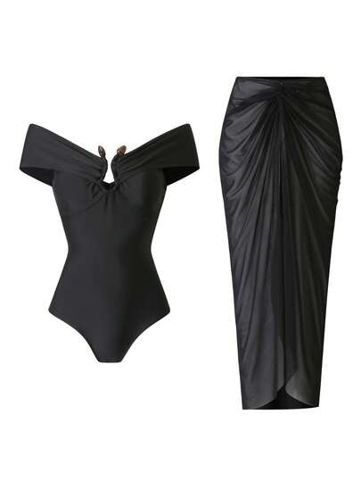 Swim Oasis 2pcs/Set Women's Sexy One-Piece Swimsuit With Mesh Maxi Skirt, Strapless Bandeau Design, Suitable For Beach Vacation And Date, Spring/Summer Curve Skirt Set Black Skirt Set Two Piece Set Women Skirt Skirt Swimsuit Set
