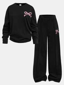 SHEIN 青少年女孩 2 件套休闲宽松针织圆领牙签褶图案套头衫和短裤套装，适合日常穿着、户外、春季野餐、返校和各种场合 - 黑色 - 查看 7