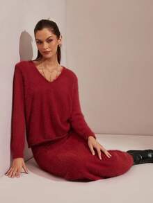 Enchnt Winterromantisches zweiteiliges Damen-Set: Rotes V-Ausschnitt-Top mit langen Ärmeln und Rock. Schick und elegant für Alltag und Freizeit, Halloween-Kostüm, Weihnachtskleidung, elegantes Winter-Set, rotes Set, Winteroutfit für Damen, Silvesterkleidung. - Bordeaux - Übersicht 1
