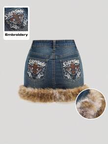SHEIN Girlism Chân váy denim ngắn dáng xòe họa tiết da báo thêu và đính đá lấp lánh phong cách Y2K dành cho nữ tuổi teen, viền lông cừu, giữ ấm mùa thu/đông, chân váy jeans cạp thấp đa năng kiểu Y2K, phù hợp cho giáo viên, đi học, đi nhà thờ, công sở, quần jeans cargo, quần ống rộng mùa thu đông, quần short denim ống rộng cạp cao, phong cách đường phố, quần jeans mùa đông, màu nâu dễ thương, mùa thu, dễ thương - Rửa tối - Xem 3