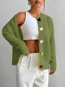 SHEIN Unity Áo len cardigan dệt kim cài nút hình trái tim nhiều màu sắc thường ngày cho nữ, tay dài, mùa thu/đông - màu xanh lá - Xem 3