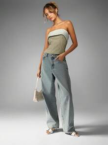 MISSGUIDED Pinstripe Bandeau Crop Top Strapless Fold Over Detail Summer Spring Evening Party Club Festival Wear - White - View 6