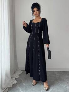Modelyn Vestido de punto de manga larga ajustado con parches y adornos de strass, adecuado para salir y citas - Negro - Ver 6