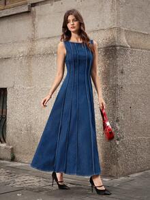 Selenza 女士时尚无袖腰收腰牛仔连衣裙，适合通勤 - 藍色 - 查看 4