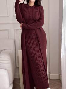 Feyla Bộ 2 món đầm suông cổ đứng màu trơn thanh lịch kèm áo khoác cardigan tay dài cho nữ mùa thu/đông - Màu Đỏ Sâu - Xem 3