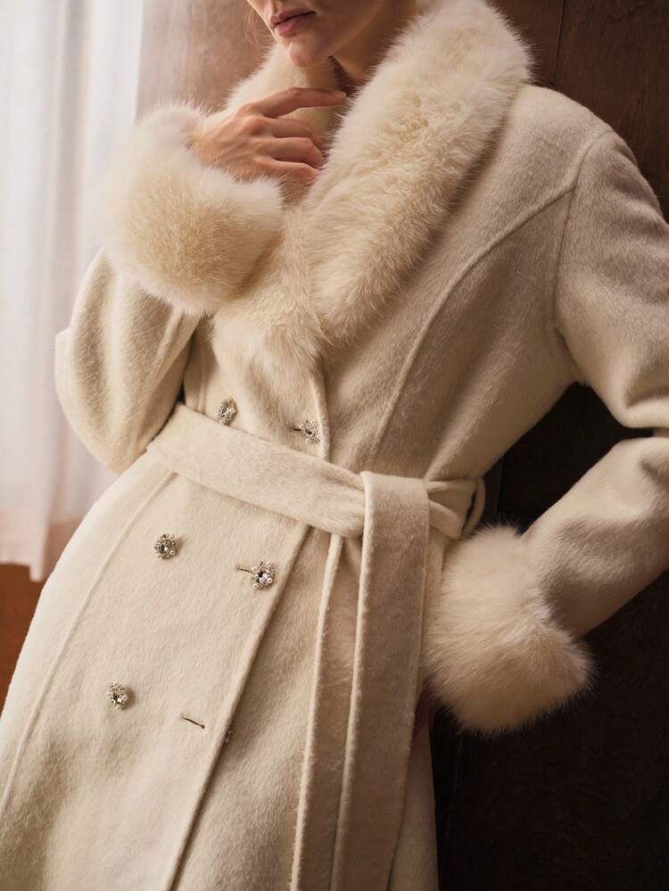 ABRIGO ELEGANTE DE LANA CON CUELLO DE PIEL, CINTURÓN, OTOÑO/INVIERNO
