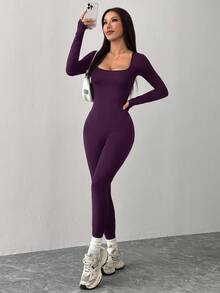SHEIN PETITE 黑色针织方领紧身休闲运动瑜伽连体裤 - 紫色 - 查看 3