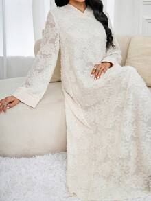 Al Najma 女士优雅V领长袖阿拉伯风格连衣裙 - 杏色 - 查看 6