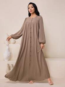 Veilorie Women's Solid Color Round Neck Lantern Sleeve Button Design Loose Arabic Dress - Brown - View 1