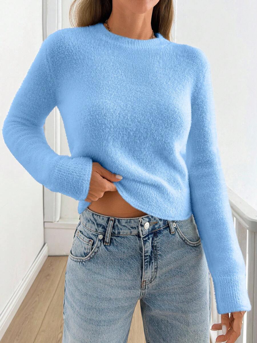 SHEIN Tall Áo len trơn màu giản dị họa tiết vải bông mềm mại dành cho nữ - Màu xanh nhạt - Xem 1