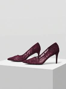 MOTF PREMIUM SEXY LACE MESH POINTED TOE STILETTO HIGH HEEL PARTY SHOES FOR CHRISTMAS - Burgundy - View 4