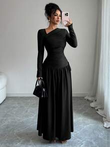 Elenzga 新款女士斜领长袖褶皱蝴蝶结设计A字收腰显瘦度假休闲优雅长裙，春秋季 - 黑色 - 查看 3