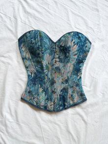 Soleia (No Chest Padding)Plus Size Women Vintage Palace Style Colorful Floral Jacquard Print Bandeau Crop Top With Tie Back - Multicolor - View 4
