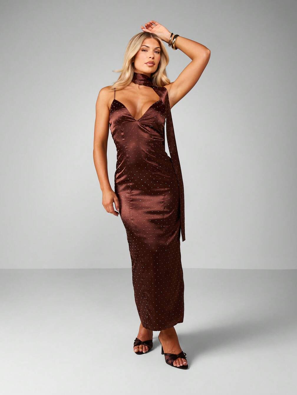 missguided brown satin dress MISSGUIDED Elegant Pleated Satin Maxi Dress Floor Length Evening Gown Strappy Sweetheart Neckline Cut Out Ruched Bodycon Party Wedding Guest Fall