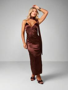 MISSGUIDED Chocolate Satin Polka Dot Halter Neck Midaxi Dress With Twisted Front Detail - Brown - View 1