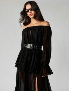 MISSGUIDED Off Shoulder Chiffon Maxi Dress With Belt Ruffle Long Sleeves Black Gothic Festival Wear - Black - View 3