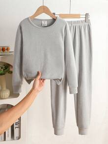 SHEIN 2件套少女休闲柔软保暖圆领长袖上衣和打底裤睡衣套装，浅灰色 - 淺灰色 - 查看 3