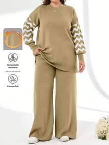 SHEIN Cottnline Striped Color Block Sweater And Pants Two Pieces Set - Beige - View 1