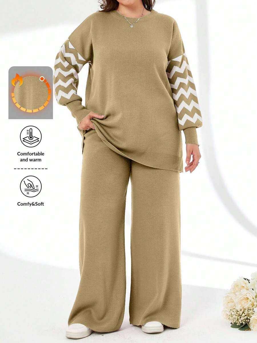 SHEIN Cottnline Striped Color Block Sweater And Pants Two Pieces Set - Beige - View 1