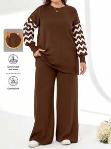 SHEIN Cottnline Striped Color Block Sweater And Pants Two Pieces Set - Chocolate Brown - View 1