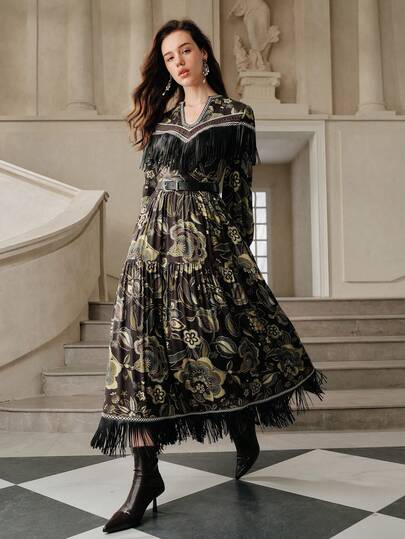 Anewsta Savoree Elegant Floral Print Tassel Dress, Autumn/Winter