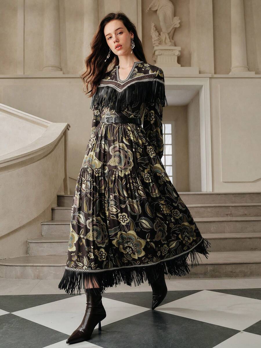 Anewsta Savoree Elegant Floral Print Tassel Dress, Autumn/Winter - Brown - View 1