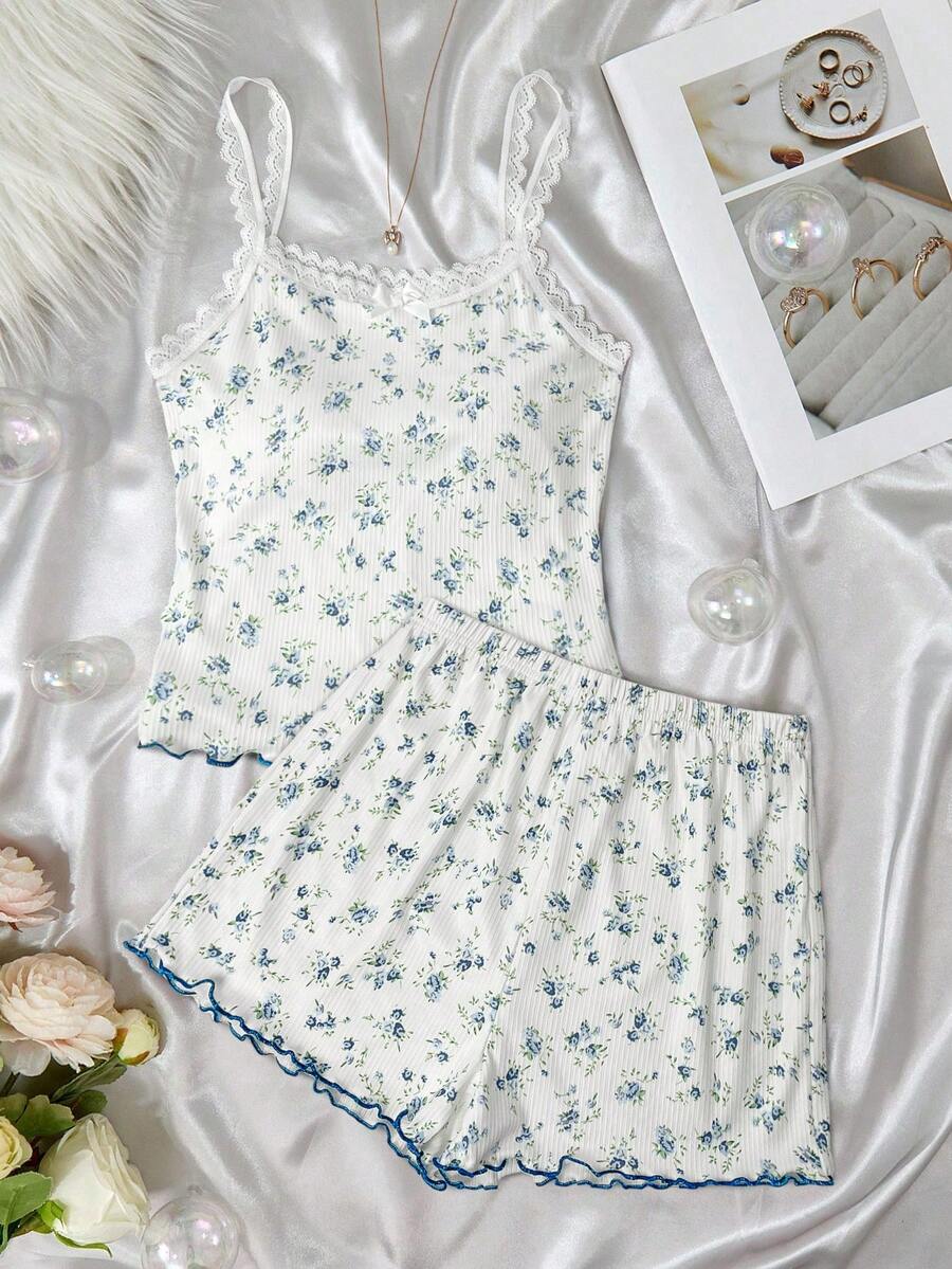 SHEIN Conjunto de pijama cómodo y casual de 2 piezas (camiseta y pantalones cortos) con estampado floral y lazo para niña preadolescente, color rosa