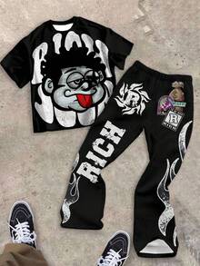 SHEIN 青少年男孩休闲酷炫卡通人物印花，“Rich Soon”文字印花圆领 T 恤上衣、钱包和火焰印花喇叭裤 2 件套，适合夏季、街头服饰、摇滚音乐、优雅休闲 - 彩色 - 查看 5