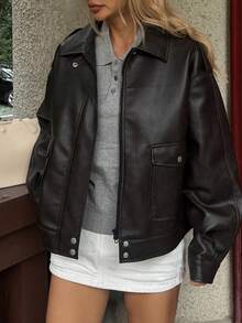 Livesso 女士秋冬PU肩带大口袋休闲常规夹克皮夹克女式外套 - 咖啡棕 - 查看 3