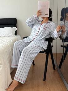 Napfluff CURVE Napfluff CURVE 大码泡泡褶皱条纹撞色滚边睡衣套装 秋冬服装 - 灰色 - 查看 4