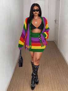 Maweii Plus Size Women Striped Colorful Tassel Cardigan & Mini Skirt 2 Pieces Set - Green - View 4