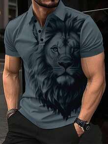 Manfinity LEGND Men's Lion Print Short Sleeve Casual Polo Shirt, Summer/Commute