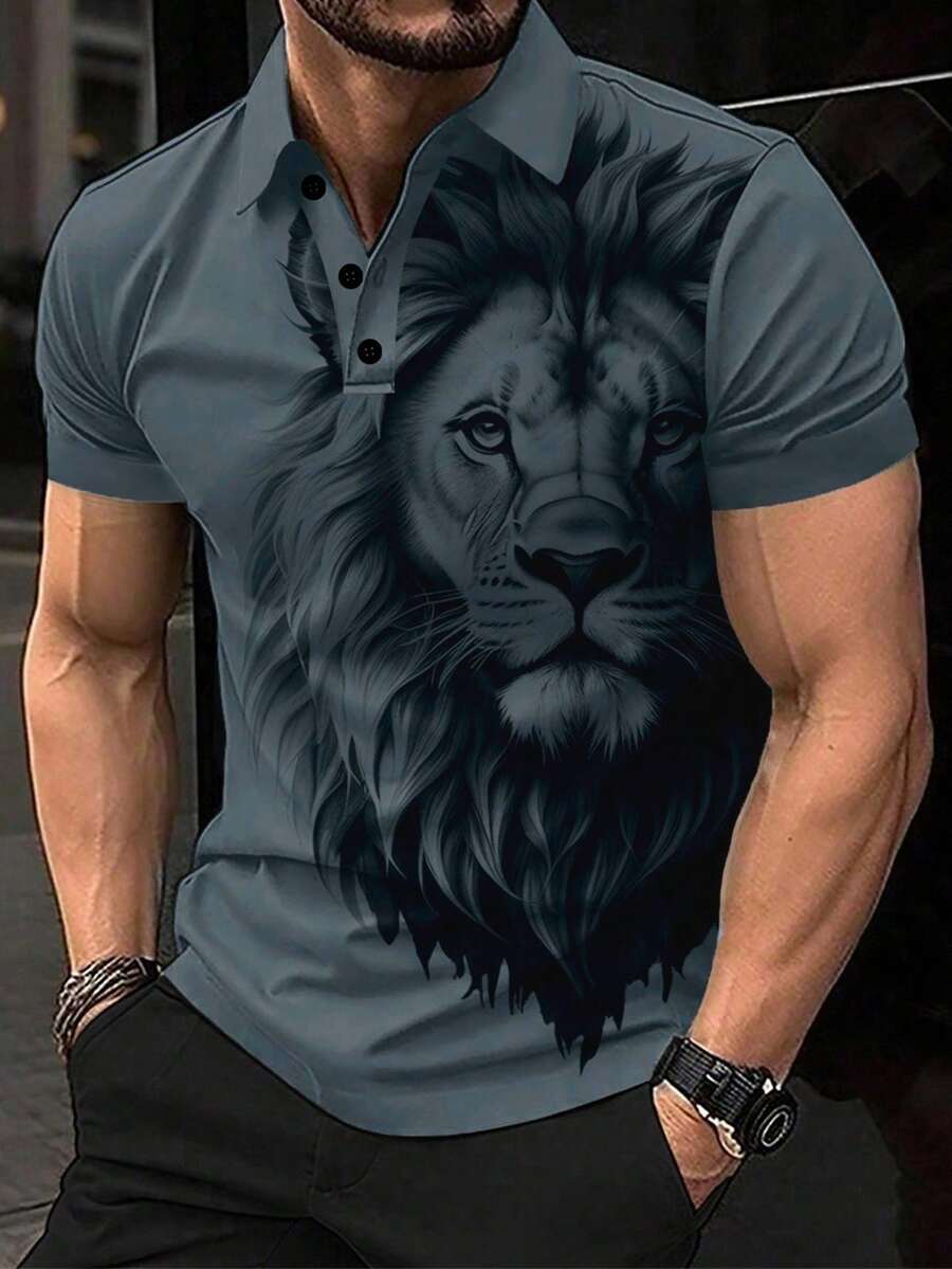 Manfinity LEGND Men's Lion Print Short Sleeve Casual Polo Shirt, Summer/Commute
