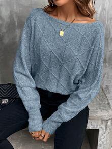 EMERY ROSE 女式休闲纯色蝙蝠袖毛衣，秋冬 - 霧霾藍 - 查看 3