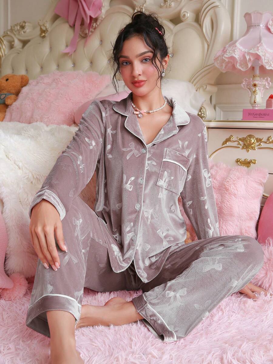 Bộ đồ ngủ nữ PetitDoll màu trơn nơ vải nhung jacquard và quần, bộ đồ ngủ mềm mại thu đông, bộ đồ ngủ lụa, đồ ngủ nữ 2 món, bộ đồ ngủ - Bụi tím - Xem 1