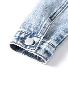 SHEIN Playful Pals Young Girls Denim Two Pieces Outfits, Pink Heart Embroidery Slim-Fit Cardigan Long Sleeve Top And Retro Straight-Leg Blue Denim Pants, Denim Set Two Piece Denim Set Little Girls Sets With Purse Denim Sets For Girls Jean Outfit Set - Light Wash - View 6