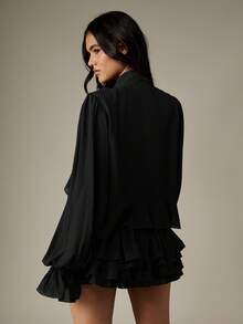 MISSGUIDED Frill Detail Long Sleeve Ruffle Hem Mini Dress With Tie Neck And Tiered Layers For Fall Winter Party Occasions - Black - View 2